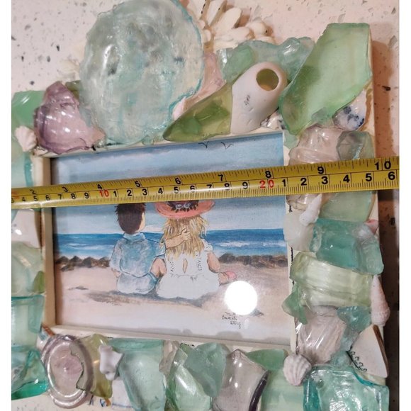 Handmade Shells & Sea Glass Framed Art Decor & Drawing Beach Dating Theme Signed - Picture 15 of 15
